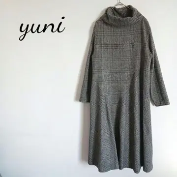유니 터틀넥 긴팔 롱 플레어 원피스 울 혼방 글렌체크 일본제