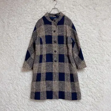 부클레 트위드 체크 무늬 노카라 코트 레트로 스탠드 카라