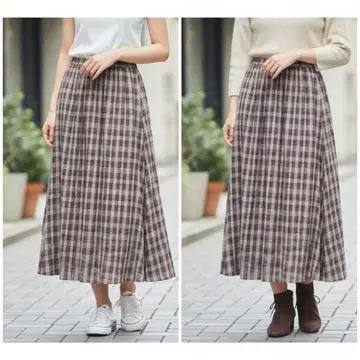 ehka sopo 체크 무늬 허리밴딩 브라운 롱 플레어 스커트