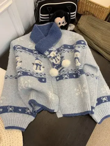 눈사람 패턴 스카이블루 가디건 Freesize