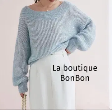 [ 새상품 ] 키드모헤어 라메 크롭 니트 라부티크 봉봉 블루 복슬복슬