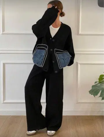 블랙 니트 데님 포켓 가디건 M 사이즈