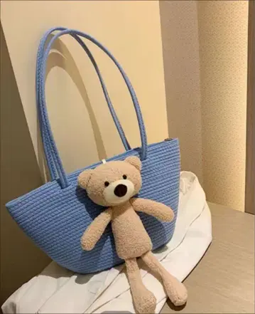 스카이블루 곰 봉제 인형 포함 토트백