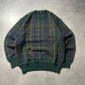 빈티지 모드 체크 레트로 그린 아트 패턴 니트 스웨터