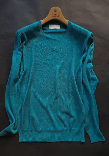 실크 100% TOMORROWLAND 트리코 터콰이즈 그린 V넥 니트