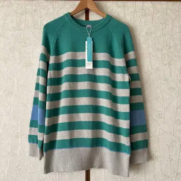 미사용 스핀 블루 면 보더 니트 풀오버 긴팔 스웨터 L~LL