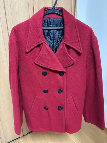 레드 더블 브레스트 피 코트