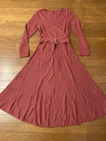 와인 레드 니트 드레스 긴팔 허리 벨트 포함