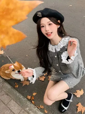 그레이 레이스 스커트 셋업