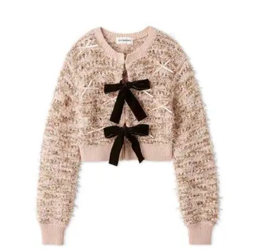 릴리 브라운 핑크 벨로아 리본 니트 가디건 리본 가디건