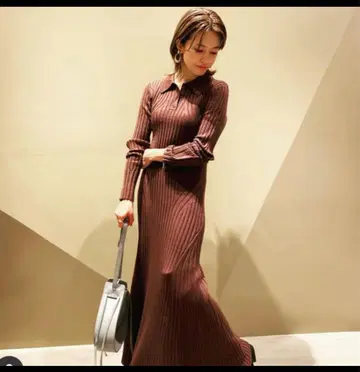 프레이 아이디 카라 부착 리브 니트 원피스 브라운 프리 사이즈