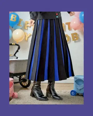 세로 라인 절개 로얄 블루 x 블랙 롱 스커트