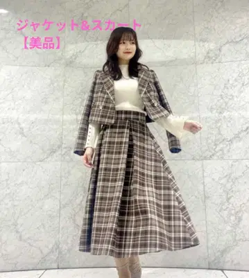 [ 새상품급 ] PBD 턱 플레어 스커트 & 자켓 체크 모카 브라운