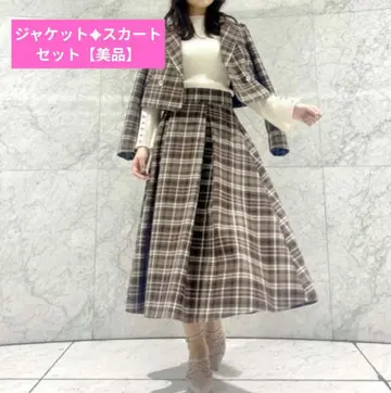 [ 새상품급 ] PBD 턱 플레어 스커트 & 자켓 체크 모카 브라운