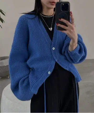 턴 오버 니트 가디건 블루