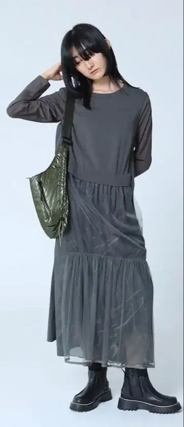 LASUD 패턴 레이어드 시어 원피스 차콜 그레이