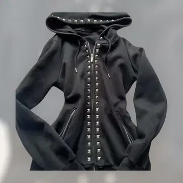 스터드 후드티 블랙 Y2K 허리 마크 지퍼 포켓 L