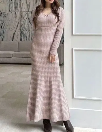 택 포함 새상품 RESEXXY 바이컬러 트위드 니트 원피스 핑크