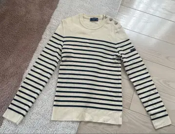 세인트 제임스 보더 니트 네이비 어깨 버튼 울 크루넥