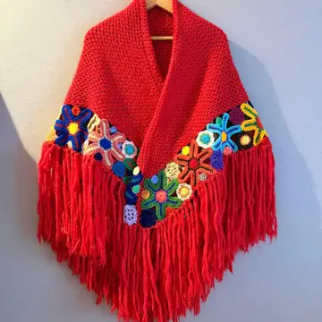 빨간색 프린지 달린 판초 케이프 코트 꽃무늬 자수 겉옷