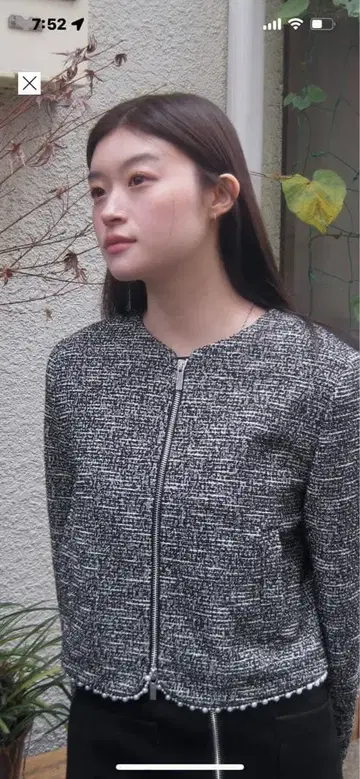 ZARA 펄 장식 노카라 숏 자켓 L 블랙/화이트