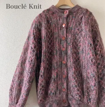 부클 니트 가디건 안감 부착 모헤어 혼방 믹스 컬러 핑크 계열