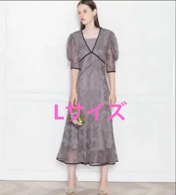 Leja 포멀 드레스 배색 파이핑 전체 레이스 꽃무늬 퍼프 슬리브 원피스