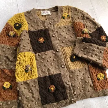 핑크하우스 꽃 모티브 무늬 편직 패치워크 가디건