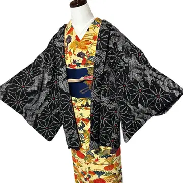 미사용에 가까운 새상품급 이중 기모노 순수 실크 총 조임 겉옷 블랙 겉옷