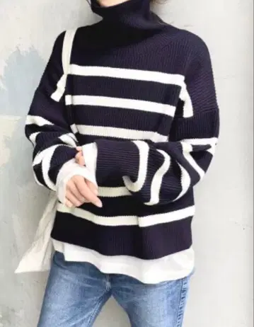 스픽 앤 스팬 보더 니트 하이넥 풀오버