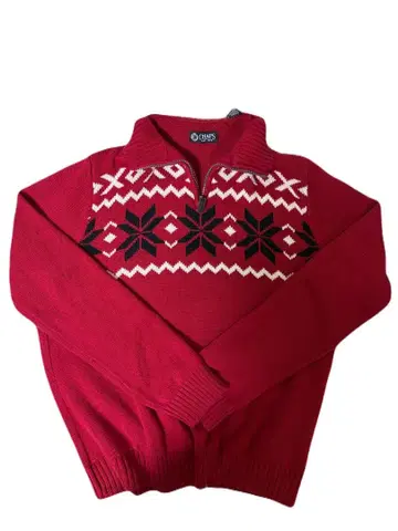 빨간색 니트 스웨터 하프 지퍼 눈꽃 디자인