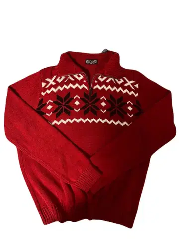 빨간색 니트 스웨터 하프 지퍼 눈꽃 디자인