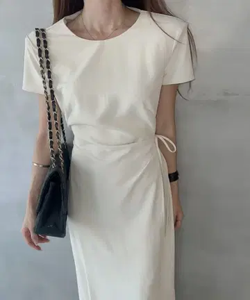 Doula Doula 화이트 반팔 슬릿 롱 원피스