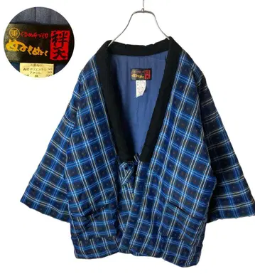 레어 구제 의류 일본제 블루 체크 무늬 수제 쿠루메 반텐 루즈한 사이즈