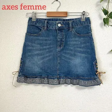 axes femme 데님 미니 스커트 M 레이스업 리본 밑단 프릴