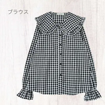 빅 칼라 깅엄 체크 프릴 얇은 소재 블라우스 루즈핏 걸리시 멋스러운