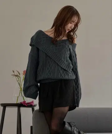 mideal 원숄더 케이블 니트 블루그린