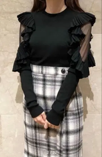 SNIDEL 플리츠 프릴 슬리브 니트 풀오버