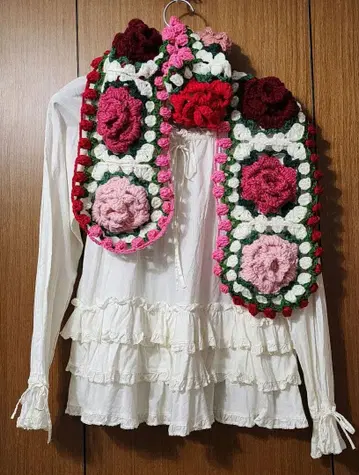 입체 장미 모티브 머플러 포테치노 사에라 벨파치 크로셰 뜨기 장미 모티브