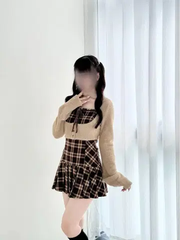 BunnyLis 퍼 볼레로 x 체크 미니 원피스