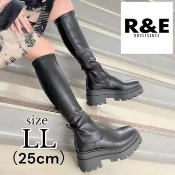 R&E 트랙 밑창 스트레치 롱 부츠 사이드 지퍼 블랙 빅
