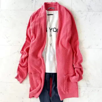고급 띠어리 럭스 캐시미어 100% 오픈 가디건 미들 기장 핑크