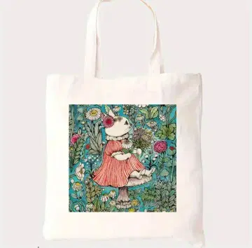 새상품 귀여운 꽃동산 고양이 무늬 토트백 캔버스 흰색 화이트