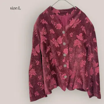 노카라 자켓 V넥 파일풍 원단 꽃무늬 올 패턴 레드