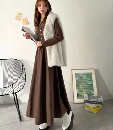 ClassicalElf 허리 리본 니트 원피스 (롱 기장)