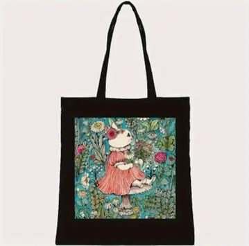 새상품 귀여운 꽃밭 고양이 무늬 토트백 캔버스 천 블랙