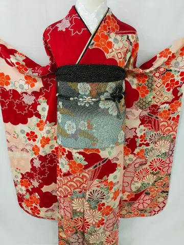 새상품급 순수 실크 레트로풍 후리소데 3점 세트