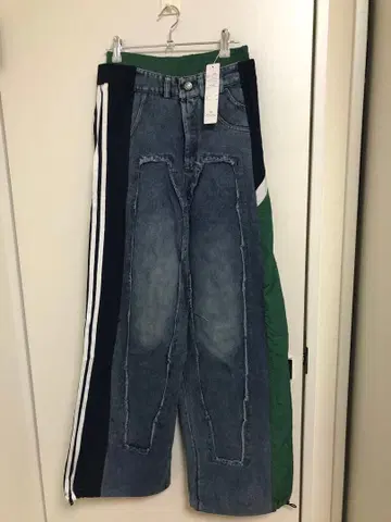 패치워크 디자인 와이드 레그 데님 팬츠 사이드 라인 M~L