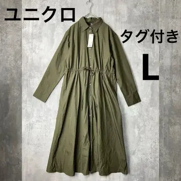 UNIQLO 코튼 롱 셔츠 원피스 카키 그린 긴팔 봄/가을/겨울