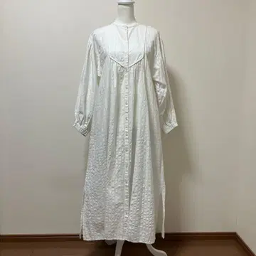 내추럴 바이 클립 면 린넨 롱 원피스 화이트 체크 가을 겨울 귀여운